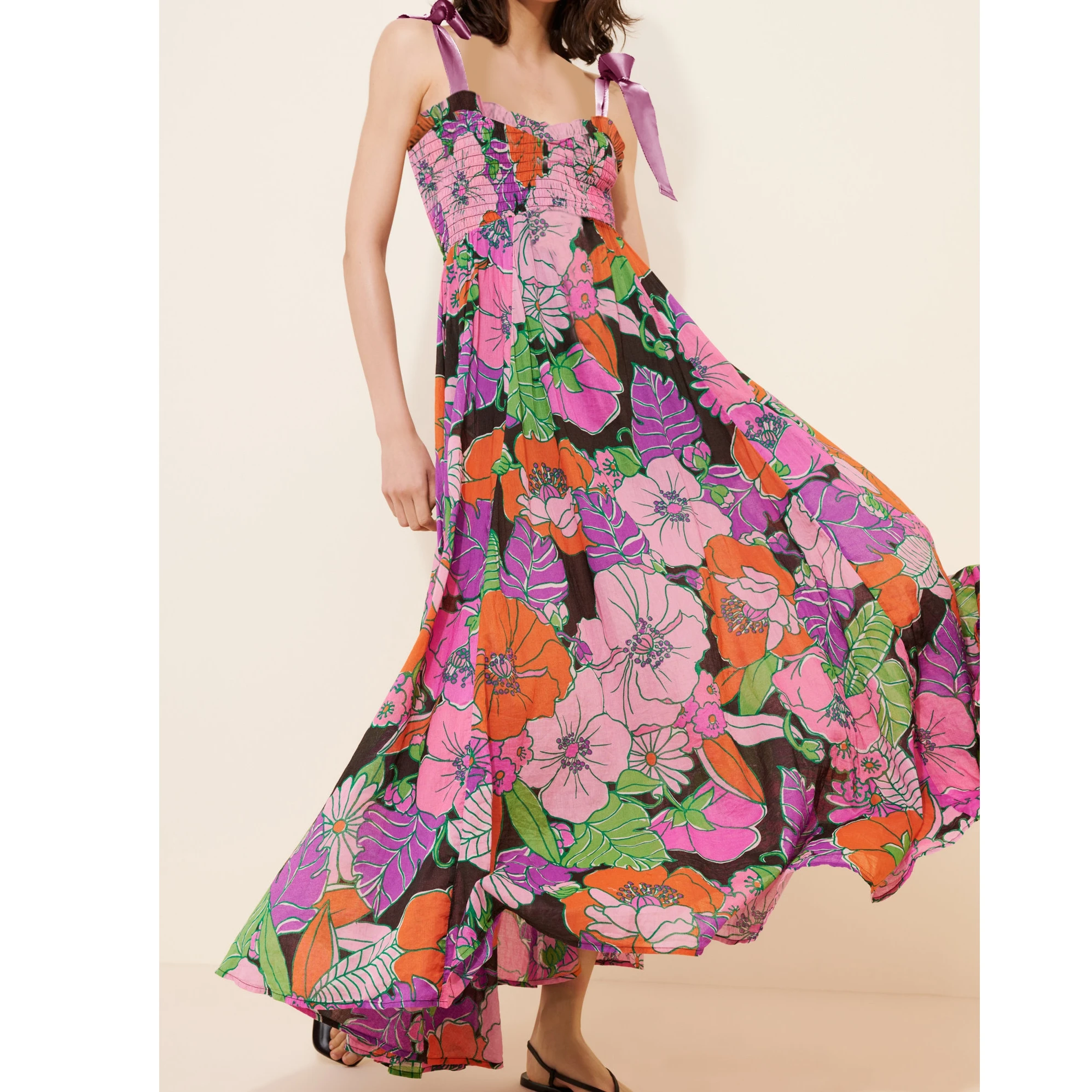 Abito da donna con spalline allacciate Abito estivo senza maniche con scollo a cuore Abito con stampa floreale Abito lungo smock