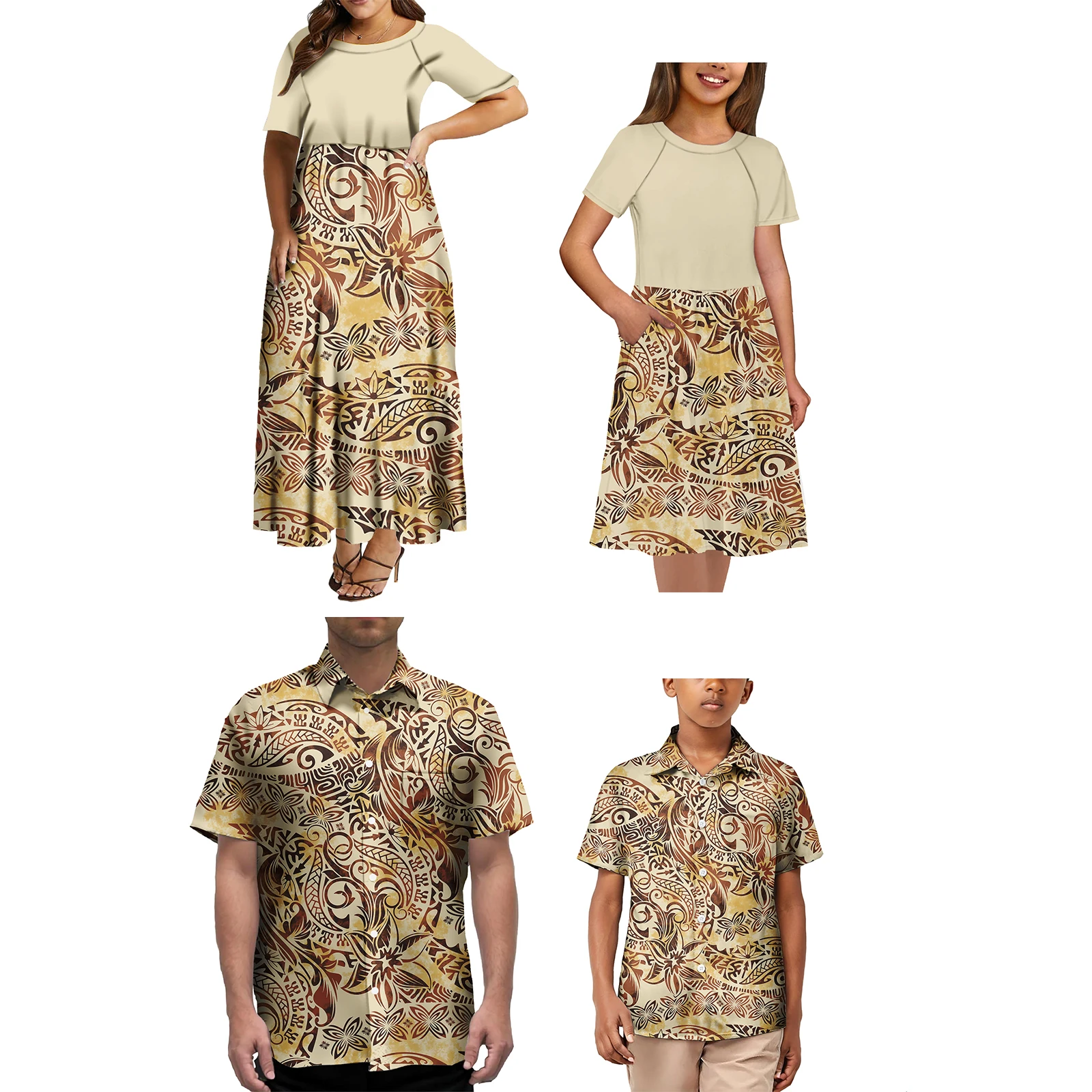 Samoan Tapa Print Dresses Matching Family Polynesian Custom Pattern Print Outfit Plus Size Daddy Mommy And Me Clothes