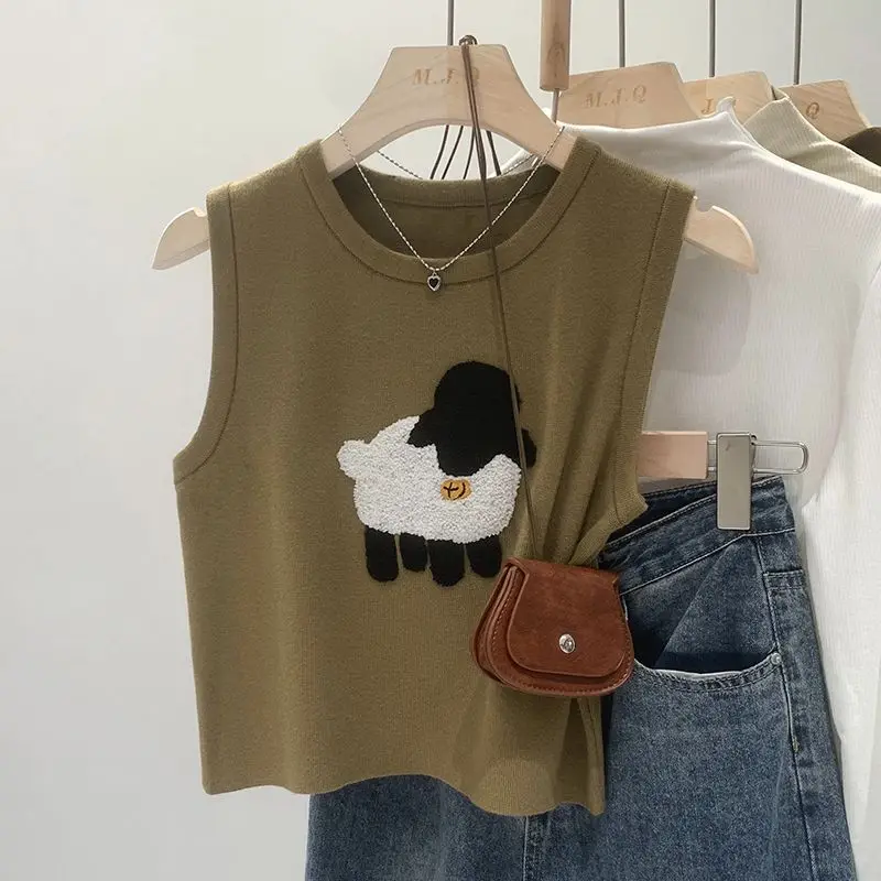 Summer New Little Sheep Embroidery Short Knitted Round Neck Tank Women's Solid Design Sense Small Popular Stacked Sleeveless Top