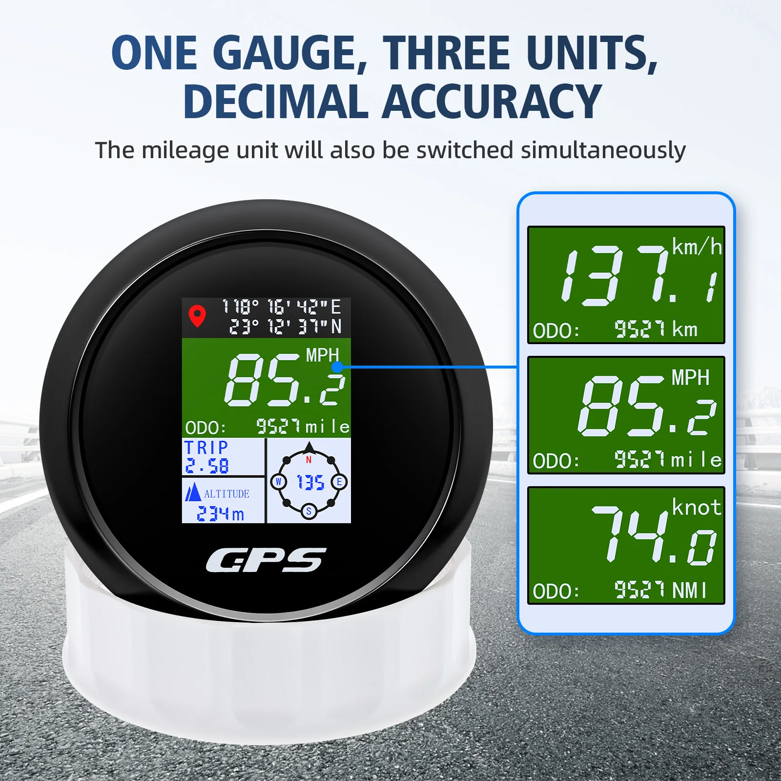 Multifunctional 6IN1 Digital 85mm Gauge GPS Speedometer with GPS Antenna ODO TRIP Compass Longitude Latitude Altitude MPH Knots
