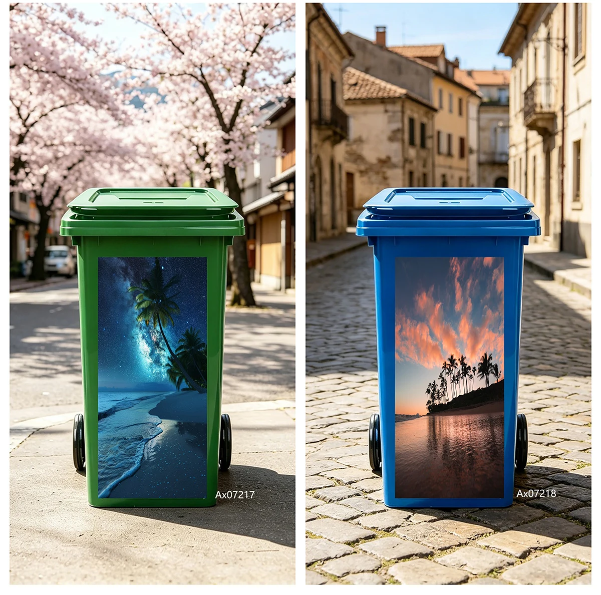 Waterproof Removable Tropical Beach Palm Tree Galaxy Night Sunset Wheelie Bin Sticker For Outdoor Garden Trash Bin Decoration