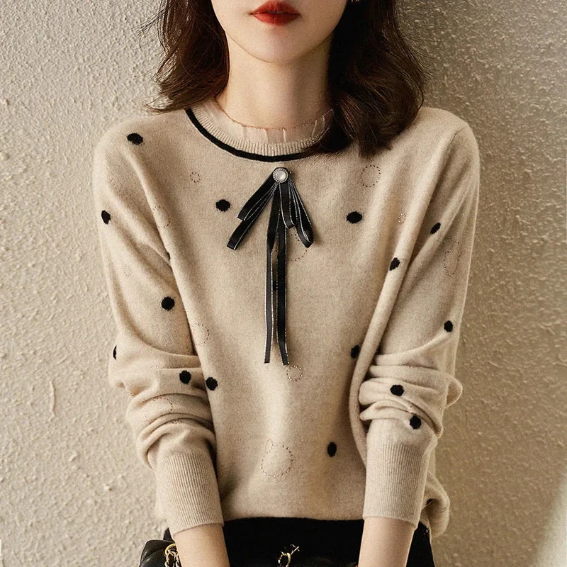 

Spring And Autumn Polka Dots Jumper Bow Collar Knitted Female Pullover Korean Long Sleeve Bottoming Shirt Lace Crew Neck Sweate