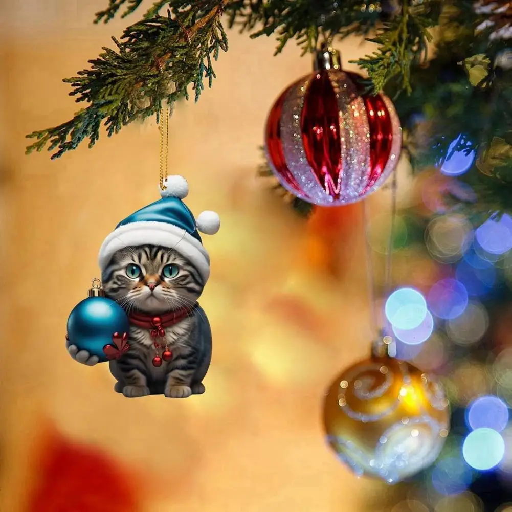 Acrylic Christmas Cat Ornament Xmas Tree Decor Hanging Backpack Keychain Car Rearview Mirror Window Cat Ornaments Bag Key Decor