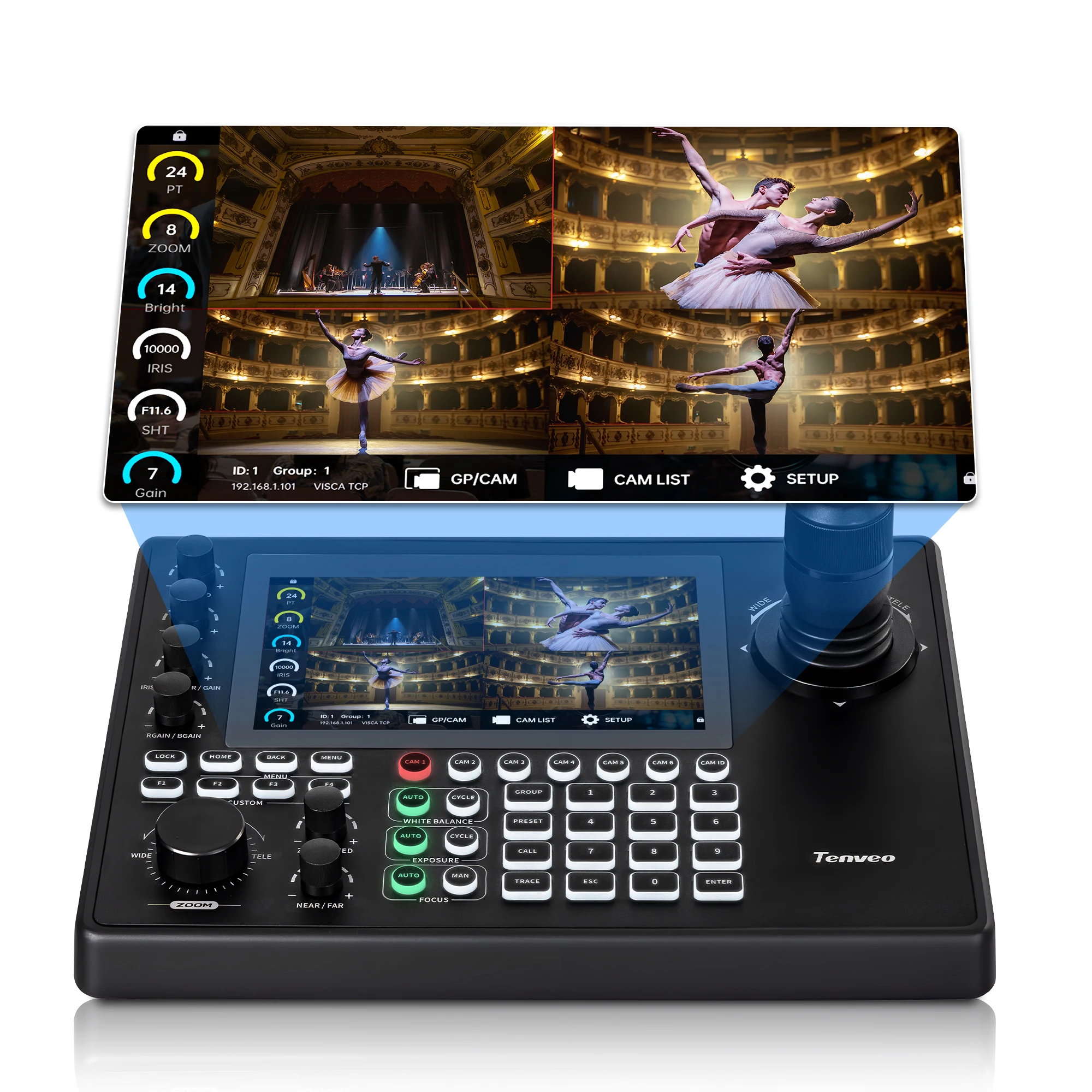 NDI Touch Screen 4-split Screen Group Control 4D PTZ Camera Controller PoE IP PTZ Joystick Controller Keyboard