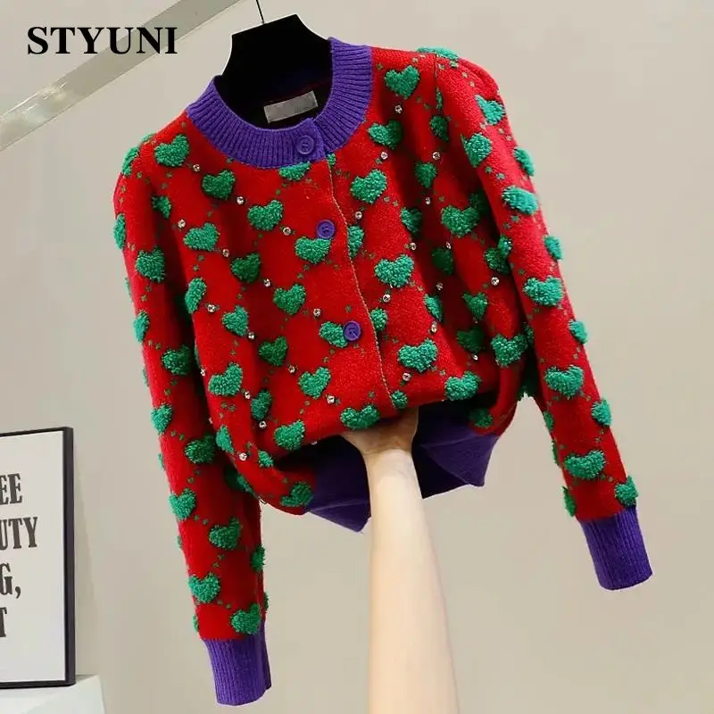 Heart Argyle Diamonds O-Neck High Street Kawaii Knitted Women\'s Sweaters Long Sleeve Buttons Short Jumpers Female Cardigans
