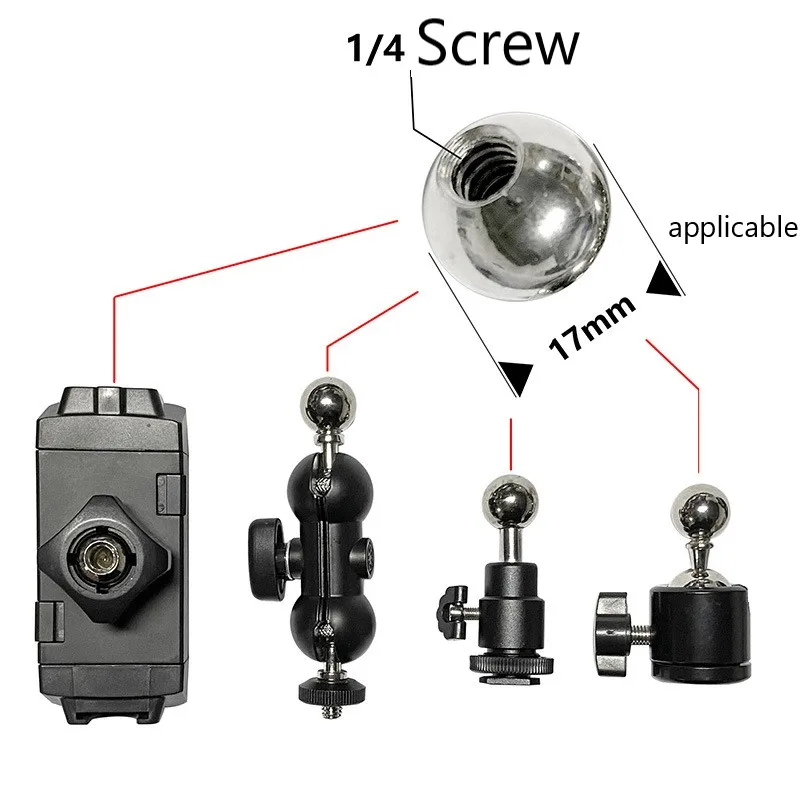1.7cm spherical to 1/4 screw mobile phone clip transfer screw 17.4mm flat clip metal adapter steel ball head