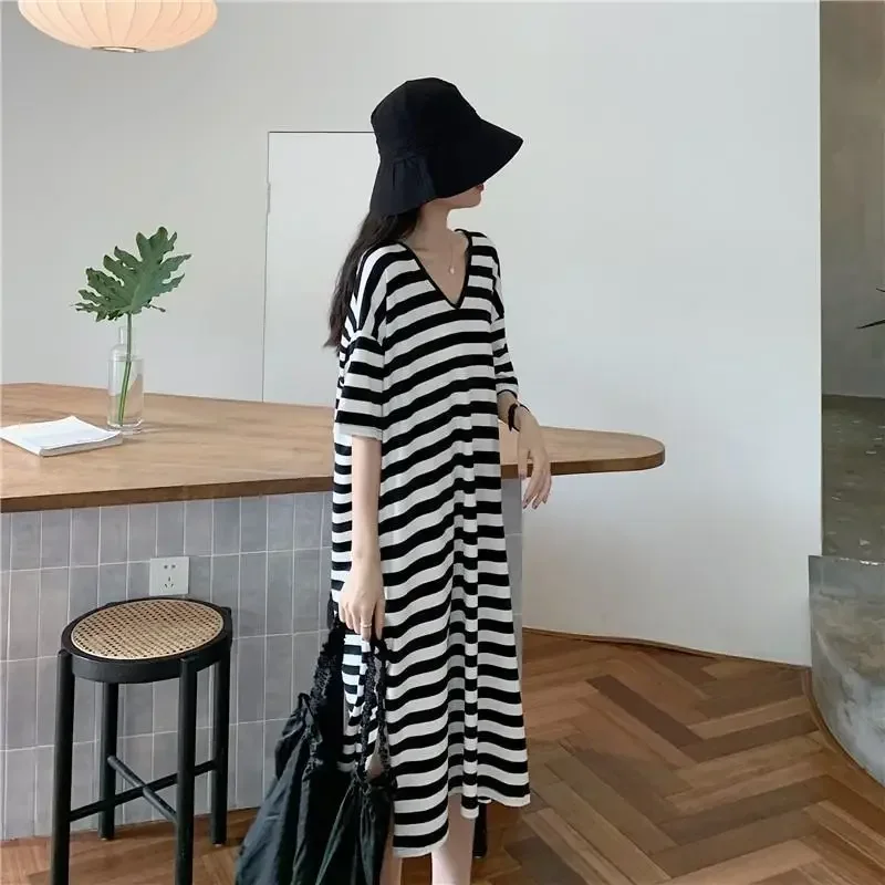 Street Casual a righe allentato T Shirt Dress Summer New manica corta con scollo a V scava fuori il vestito Vintage Trend abbigliamento donna CY373