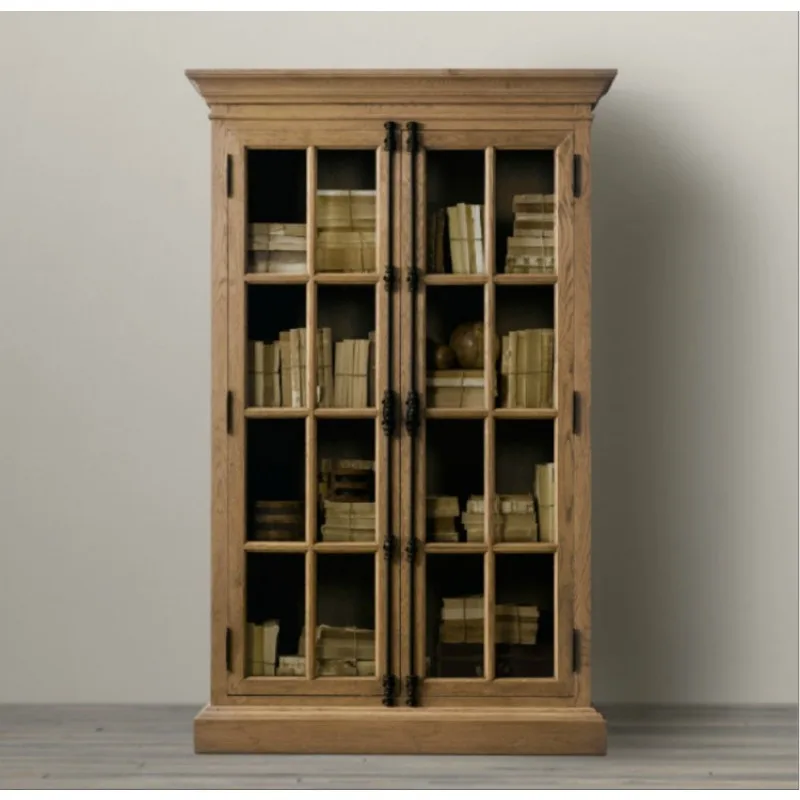 French country retro home locker, solid wood dining side cabinet, living room wabi sandy wind oak bookcase