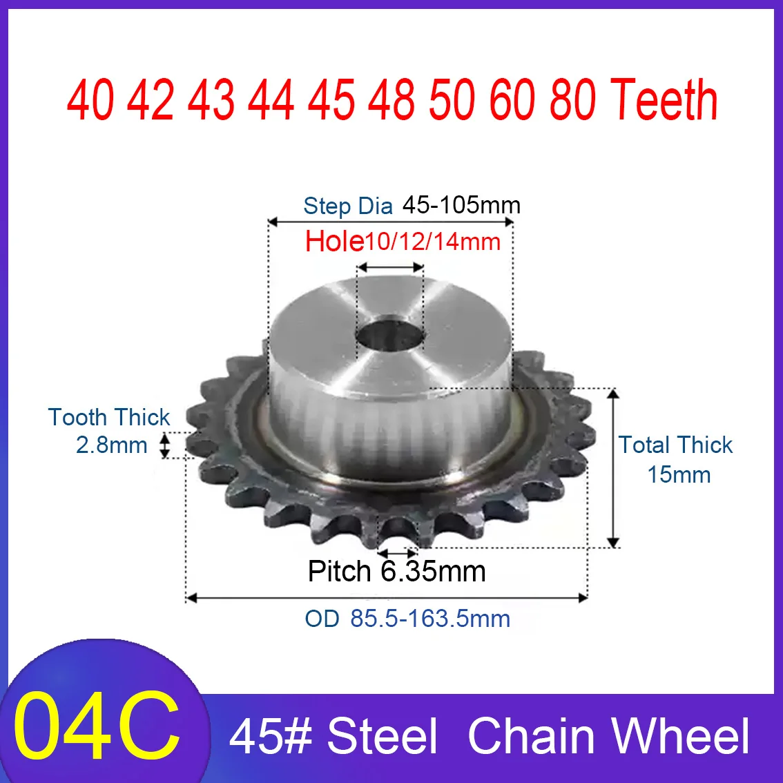 1Pcs 04C 2-Point Sprocket  40/42/43/44/45/48/50/60/80 Teeth Standard Hole 10/12//14mm 45# Steel Quenching Pitch 6.35mm