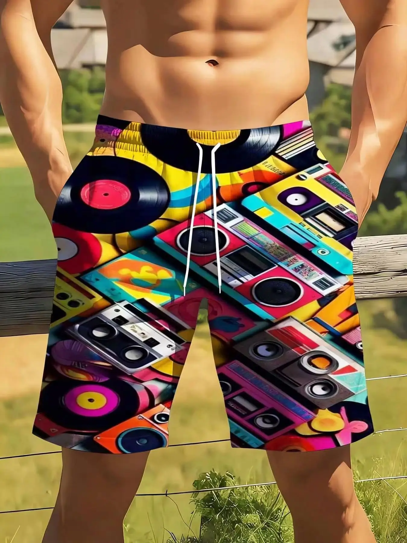 Colorful Boombox Print Swim Trunks for Men