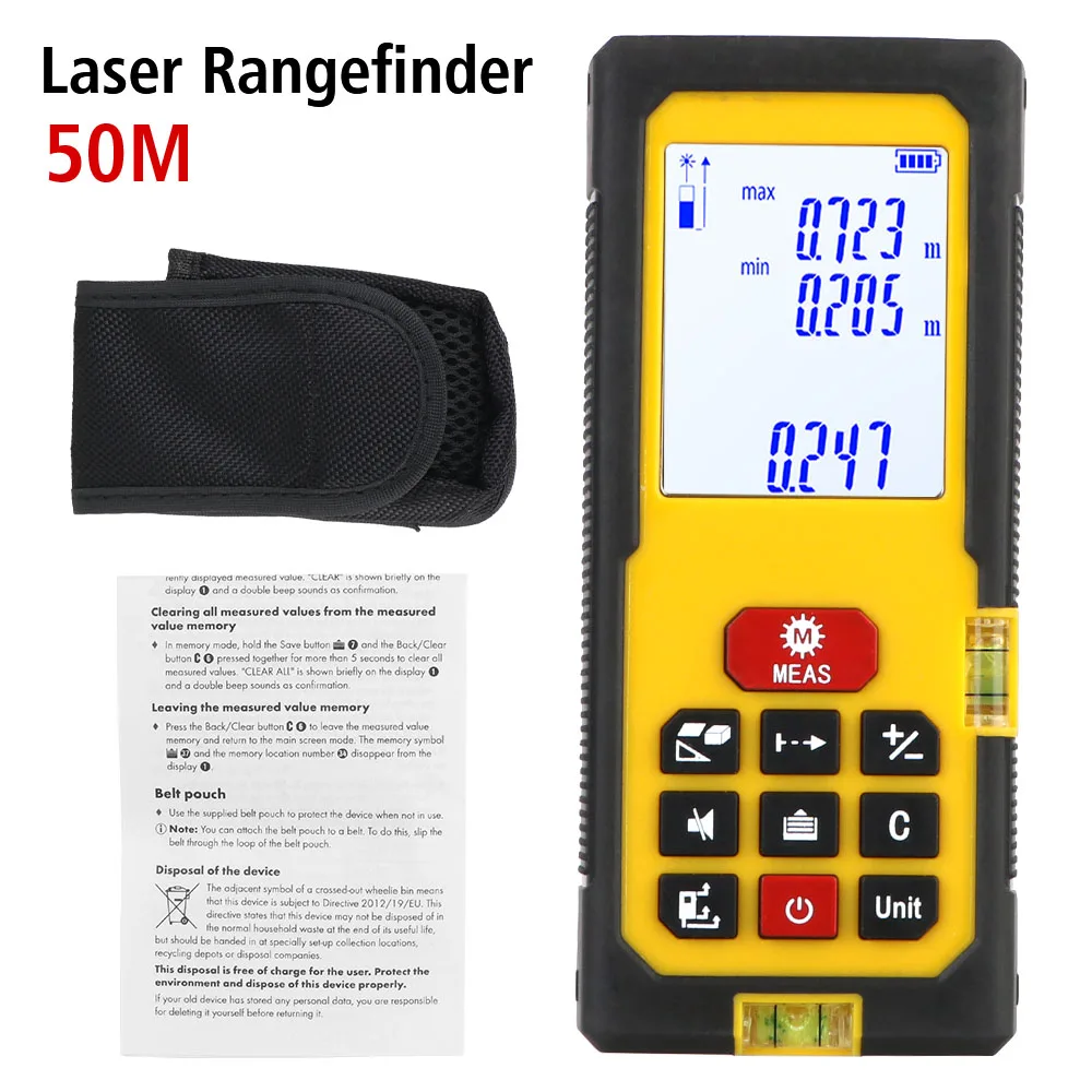 50M Precision Indoor Handheld Electronic Gauge Infrared Measurer Laser Distance Measure Distance Area Volume Laser Rangefinder