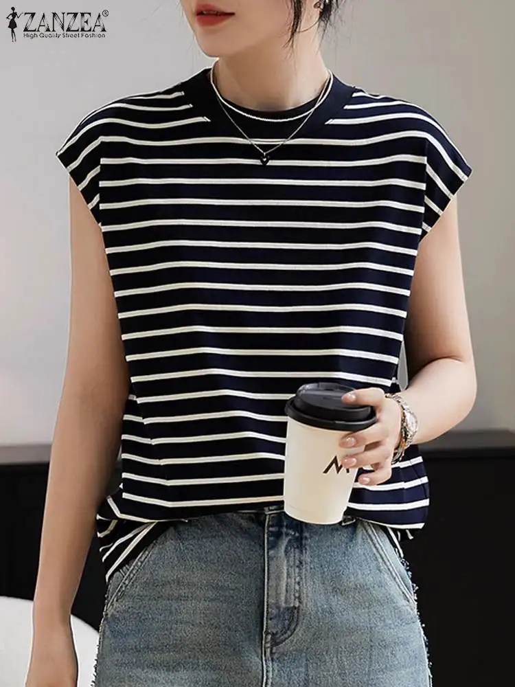 ZANZEA Summer Women Striped Blouse Elegant OL Work Shirt Fashion O Neck Short Sleeve Casual Tops Tunic Office Lady Blusas Mujer