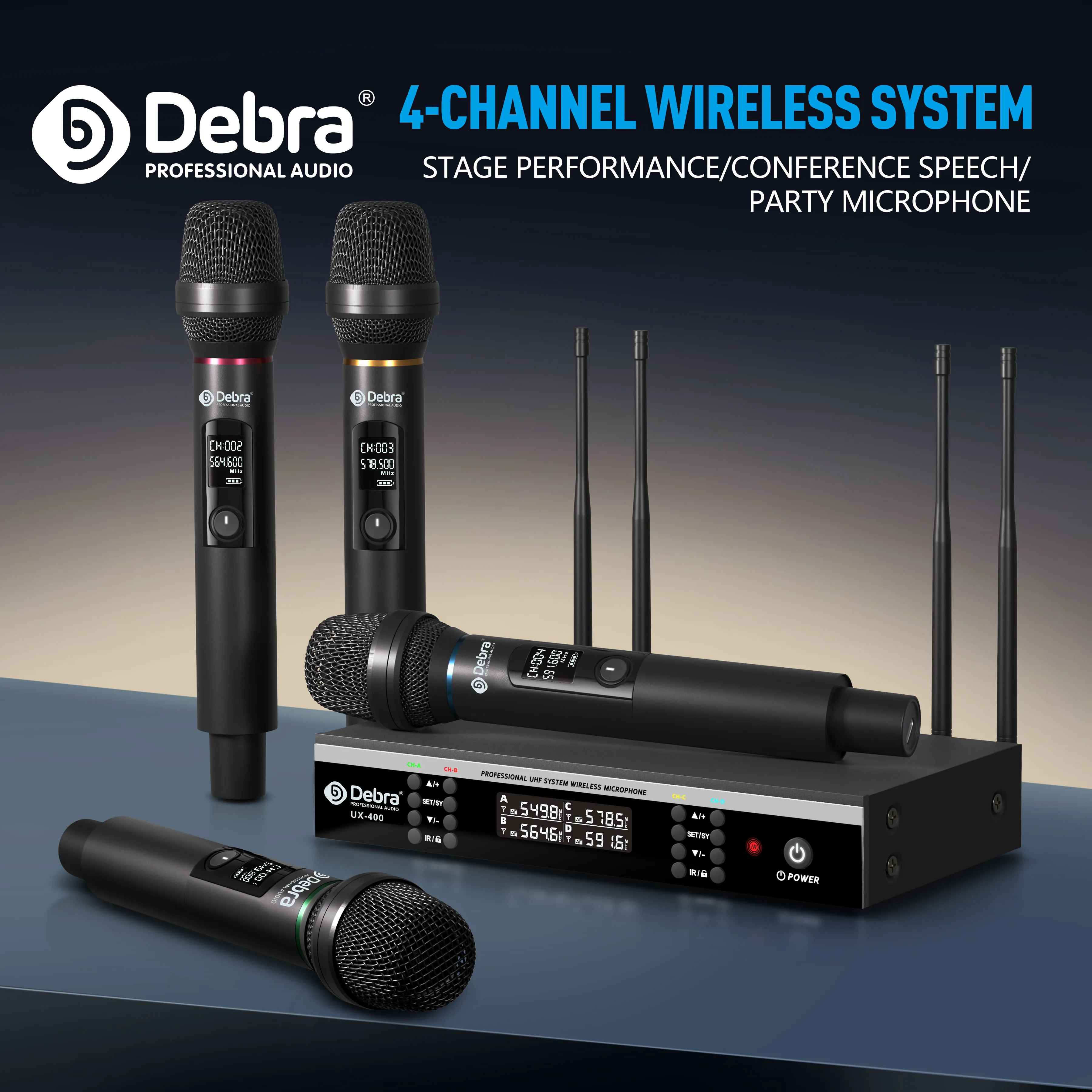 ديبرا UX-400 الصوت UHF 4-قناة ميكروفون محمول 500-600 ميجا هرتز الأشعة تحت الحمراء مزامنة التنين التردد التلقائي لمرحلة الكاريوكي