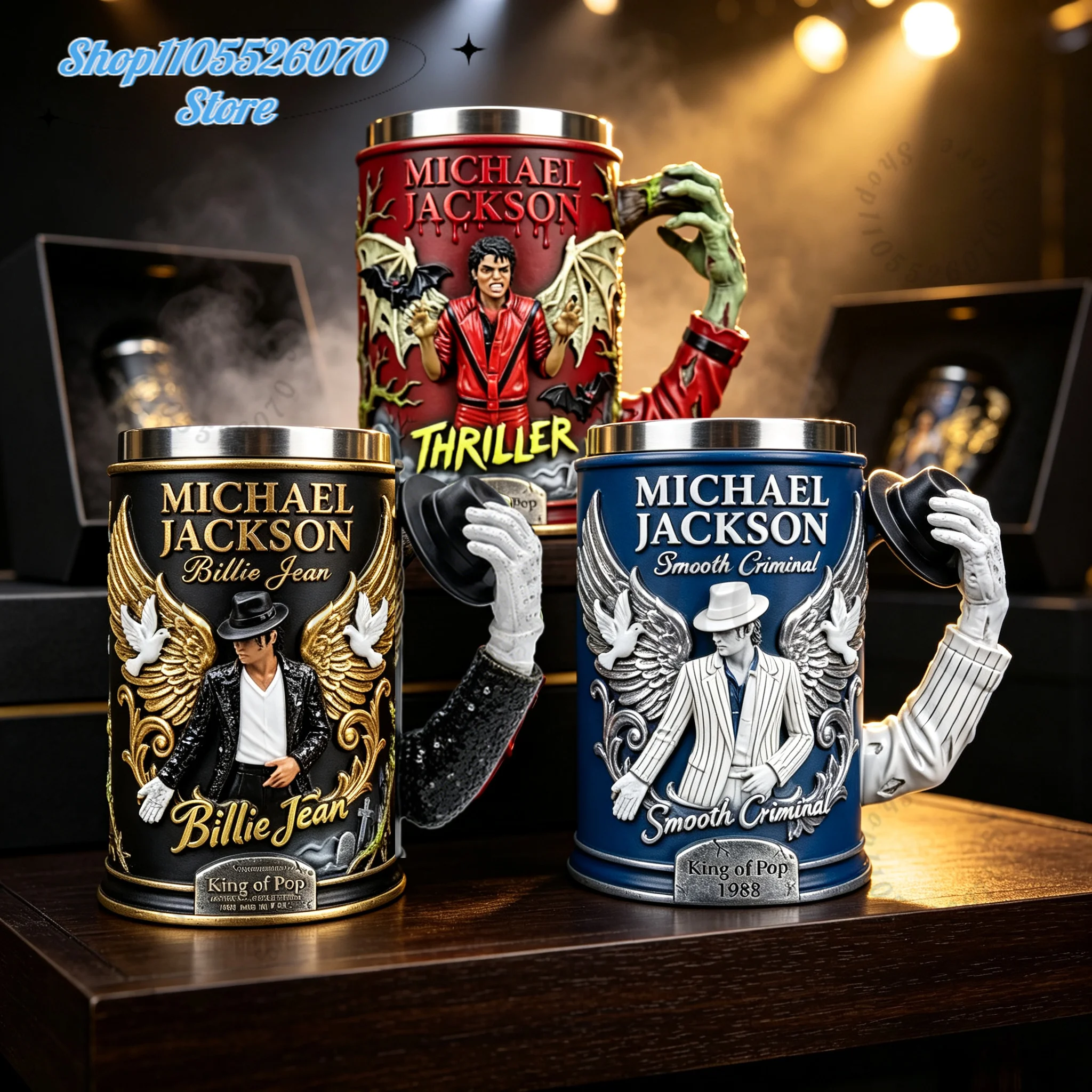

Michael Jackson King of Pop 3D Embossed Resin Mug,Classic Album Styles,Stainless Steel Liner Collectible Coffee Cup for MJ Fans