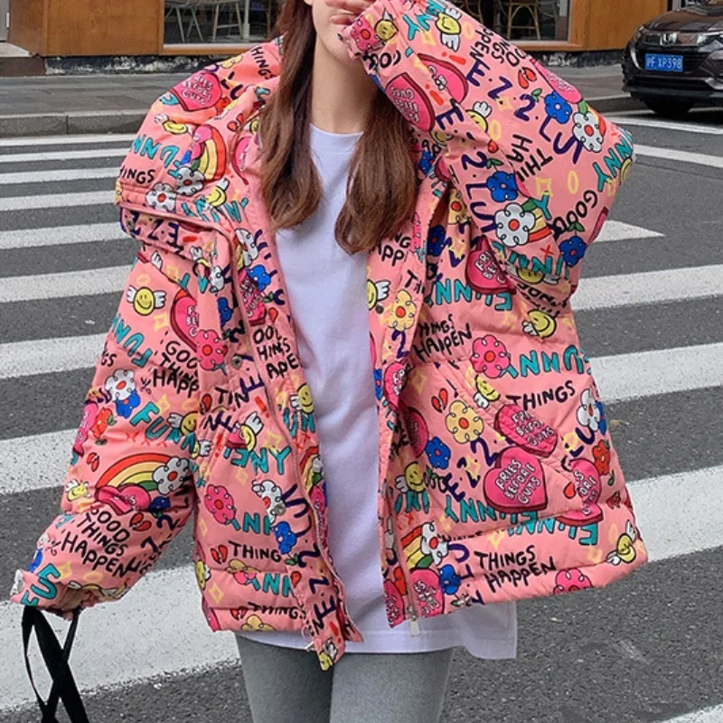 

Winter Graffiti Down Padded Jacket Female Korean Version Loose Boyfriend Hooded Cotton-padded Jacket Bread Clothes Fashion Funny