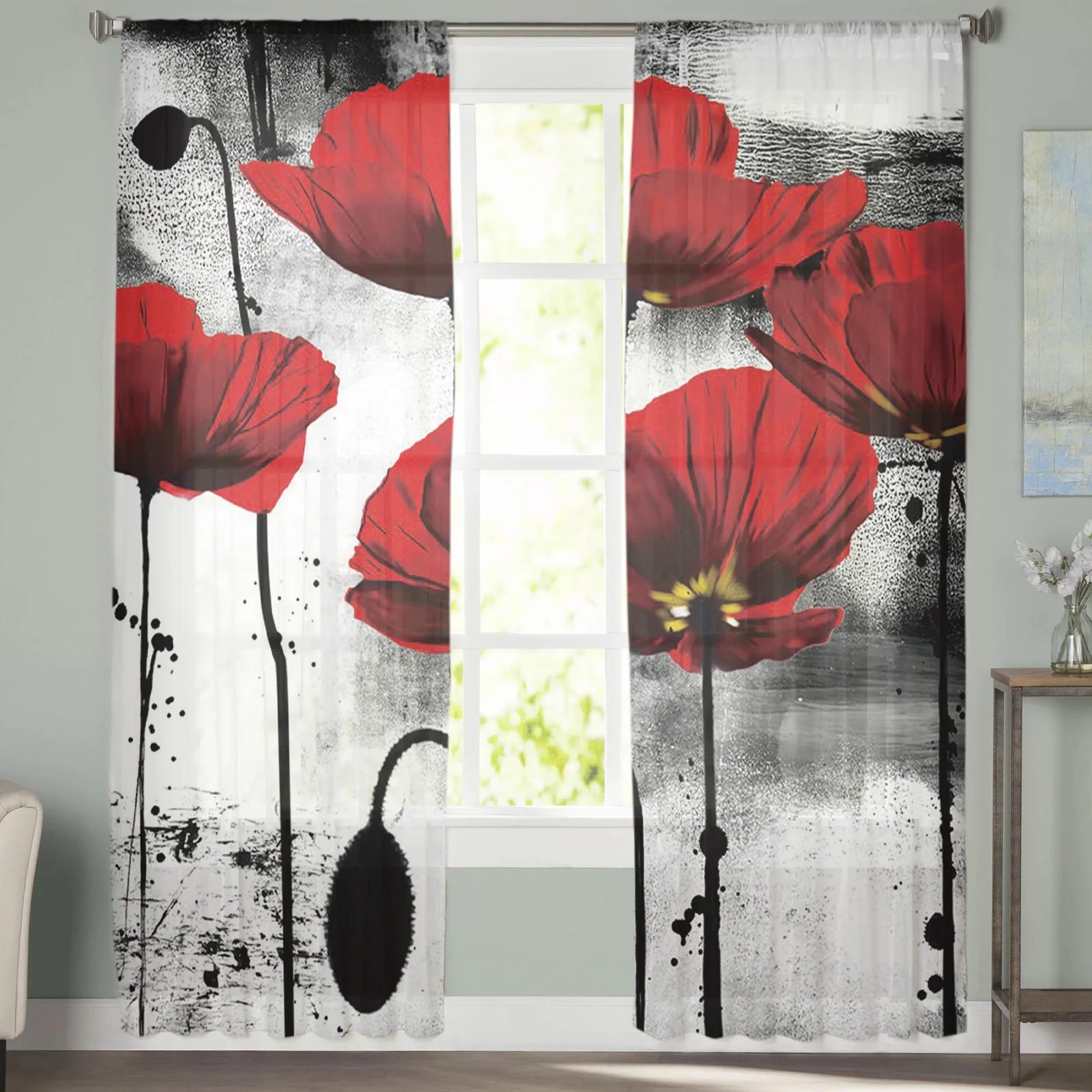 Red Poppy Flower Abstract Ink Painting Tulle Curtains for Bedroom Home Decor Living Room Kitchen Voile Curtains for Blind Drapes