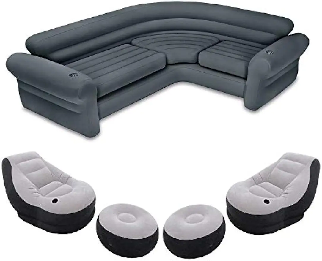 68575EP Inflatable Corner Sofa with 2 68564EP Ultra Lounge Chairs & Ottomans, Indoor Use, Cupholders, 2-in-1 Valve, 880lb/220lb