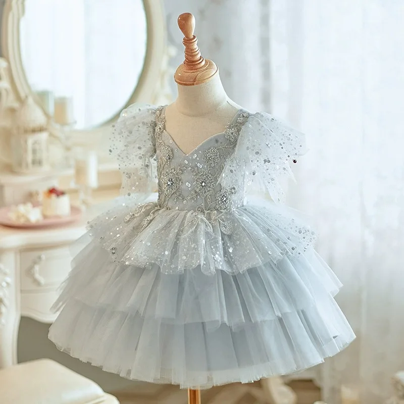 

Children's Summer Dress for Little Girls, Stylish First Birthday Princess Dress, Girls' Host Piano Performance Outfit, Puffy Tul