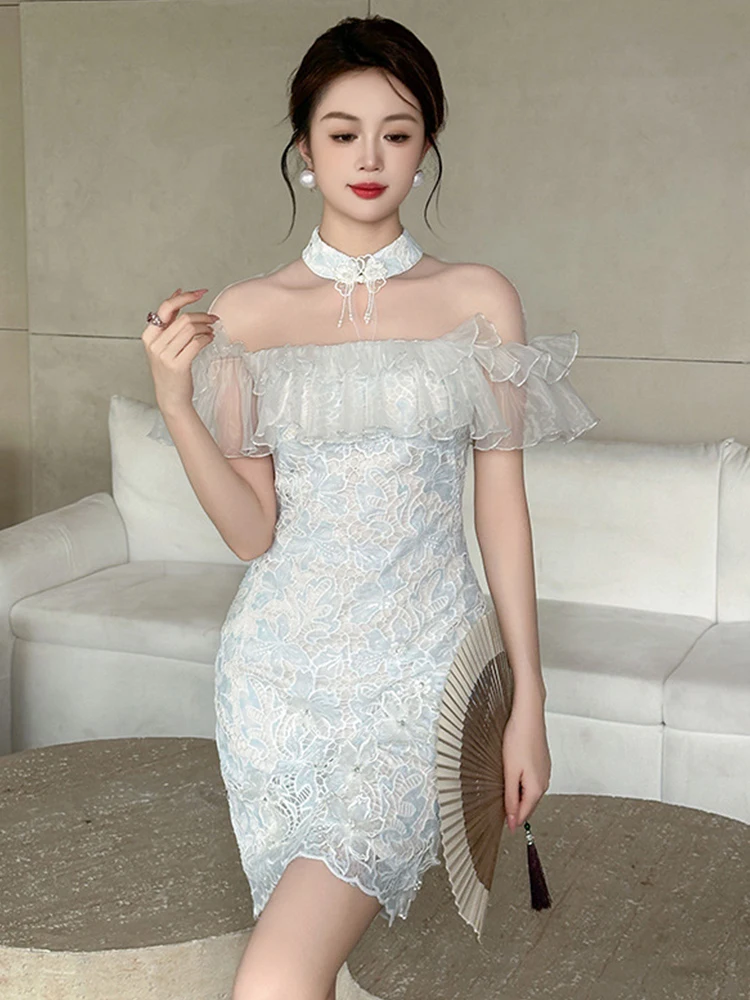 Elegant Sweet Qipao ชุดผู้หญิงเซ็กซี่ Cheongsam SHEER ตาข่าย Splice Ruffles ลูกไม้ตะขอดอกไม้ Hollow Bodycon ชุดปาร์ตี้คลับ Vestido
