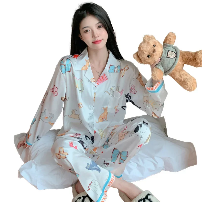 Ice Silk Pajamas for Women Cute Cat Long Sleeves Women's Pajamas Set Suit High-end Cute Silk Home Wear Nightwear Sleepwear
