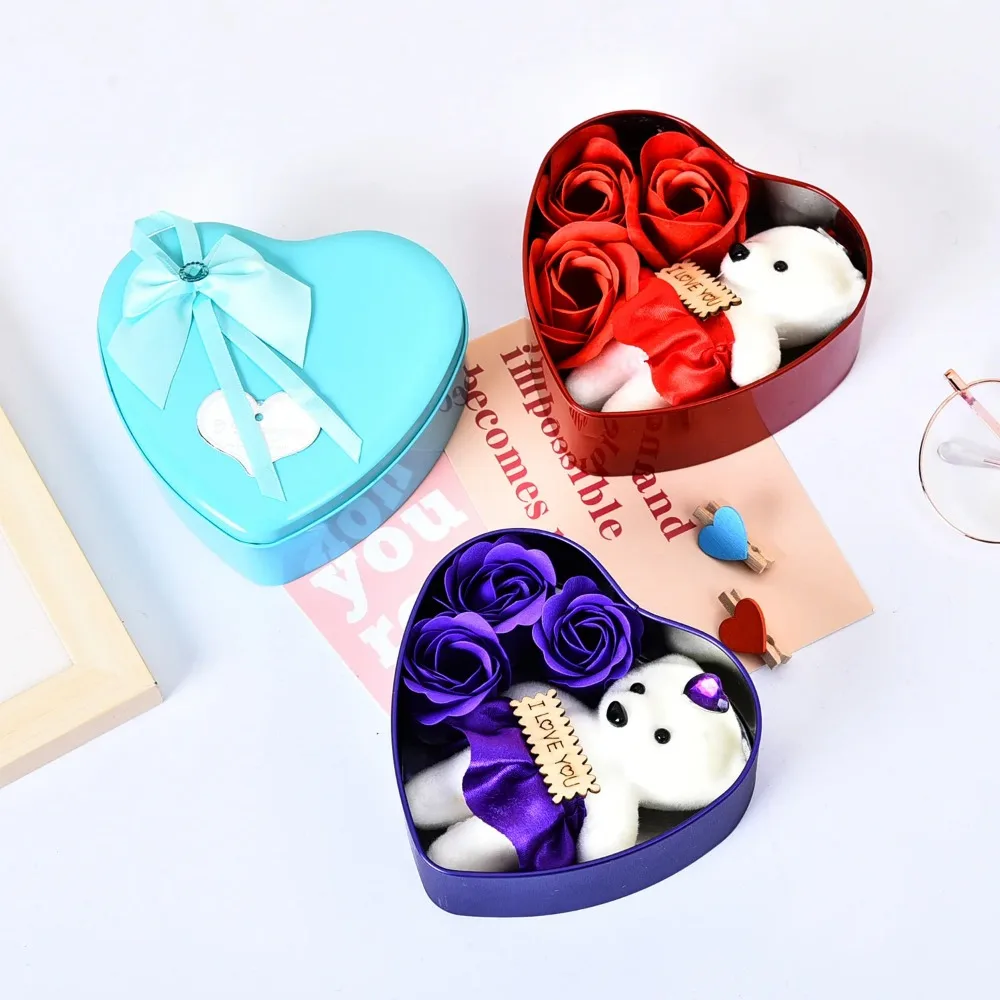 Heart Shaped Iron Box Eternal Flower Valentine\'s Day Gift Soap Flower Simulation Rose Bouquet Gift Box Set A for My Girlfriend
