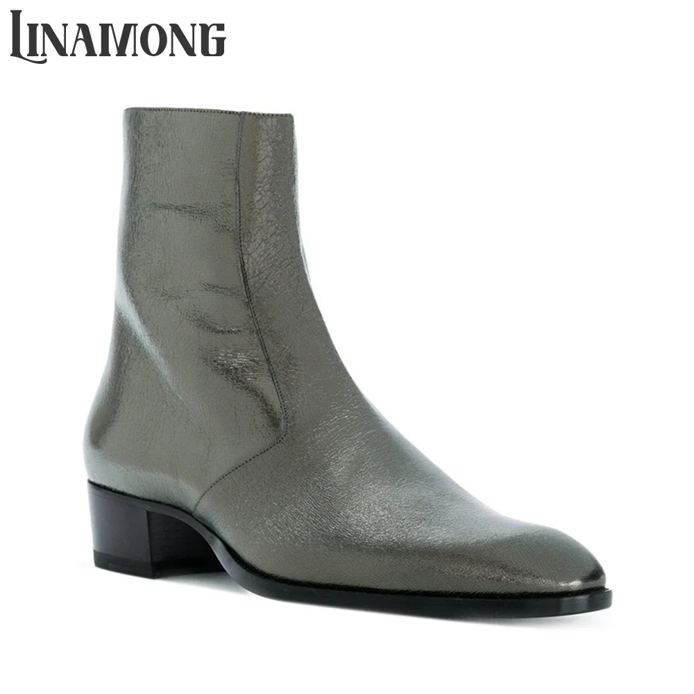 Pointed Round Toe Leather Ankle Boots Solid Color Zipper Boots for Men Concise Classic Style Boots Custom Leather Handmade Shoes