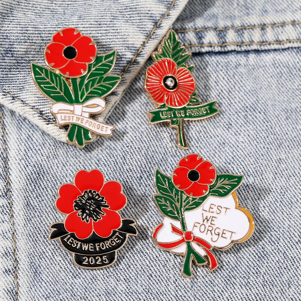 Lest We Forget Poppy Flowers Enamel Brooches Veterans Day Remembrance Day 2025 Pins Souvenir Badge