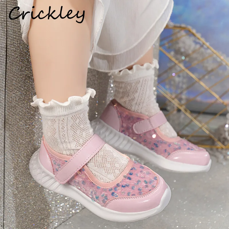 

Princess Bling Girls Casual Shoes PU Leather Soft Sole Sneakers For Kids Shallow Hook Loop Breathable Children Sport Shoes