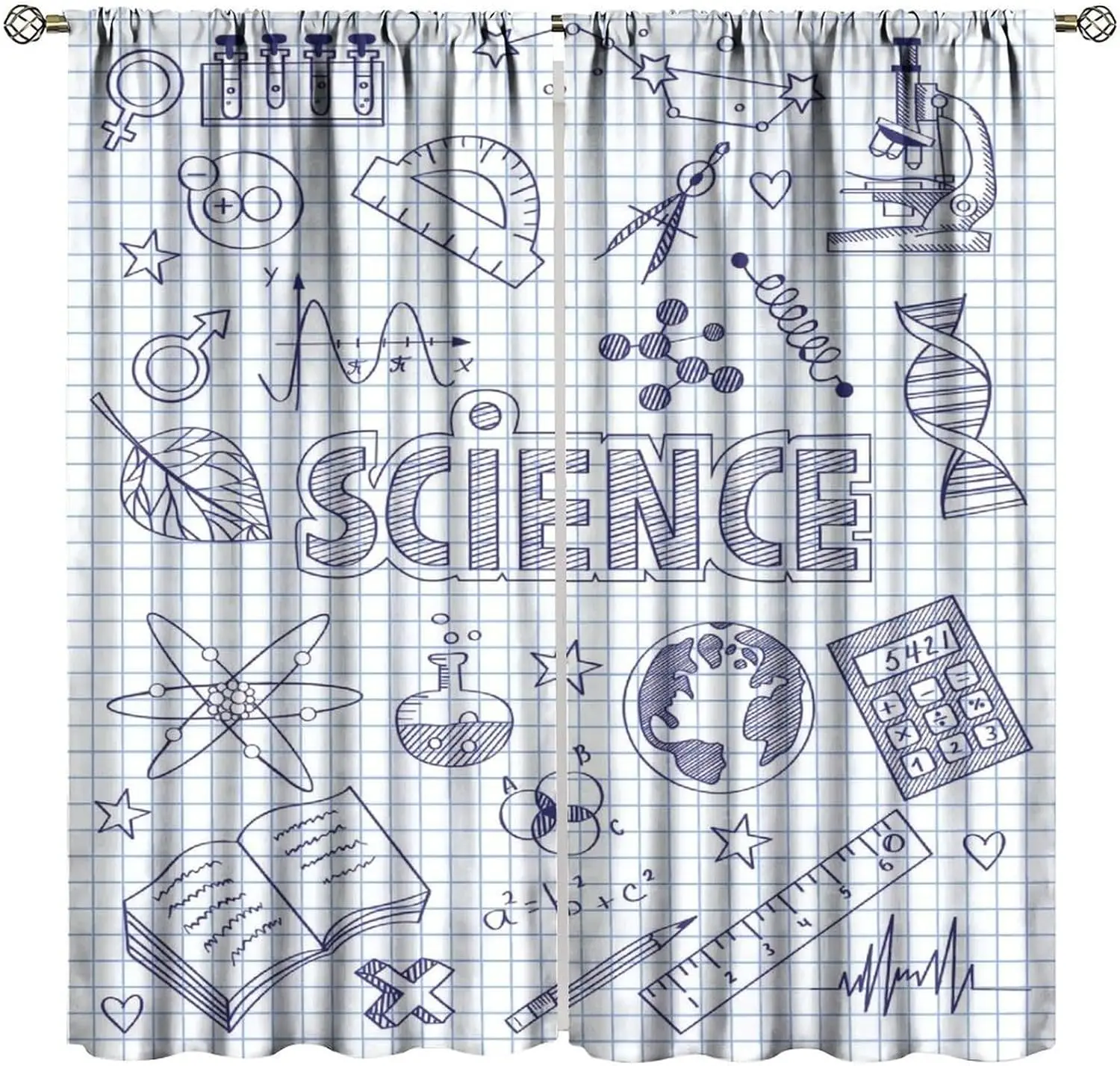 Scientific Pattern Curtains 2pcs STEM Educational Classroom Decor Academia Biology Chemistry Equations Window Curtain Pair Treat