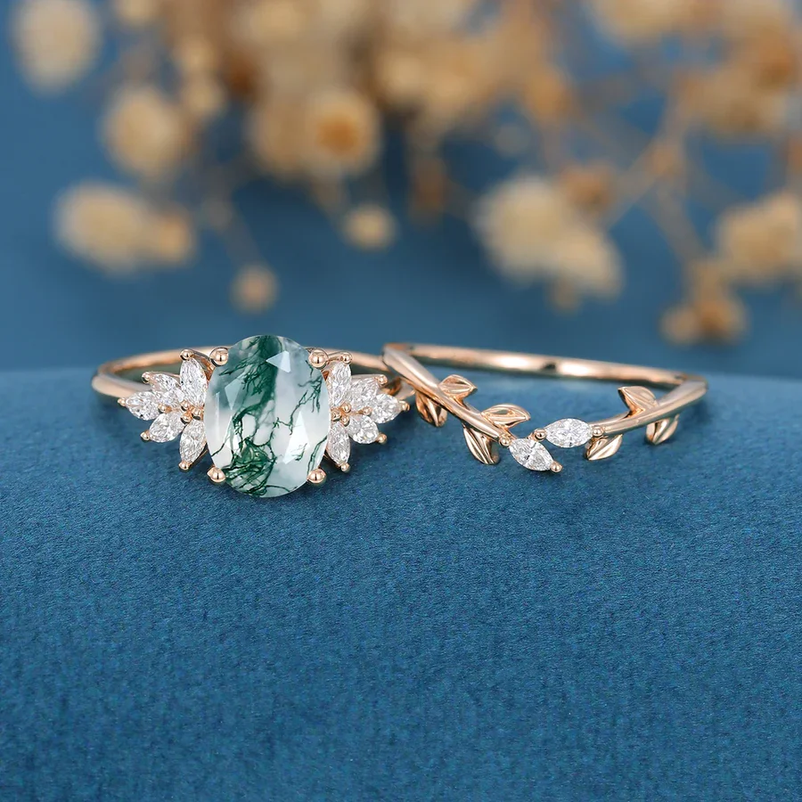 

BOROSA Unique Moss Agate V Shape Engagement Ring Set Wedding Ring 2pcs Bridal Ring Set in 925 Sterling Silver Fine Jewelry