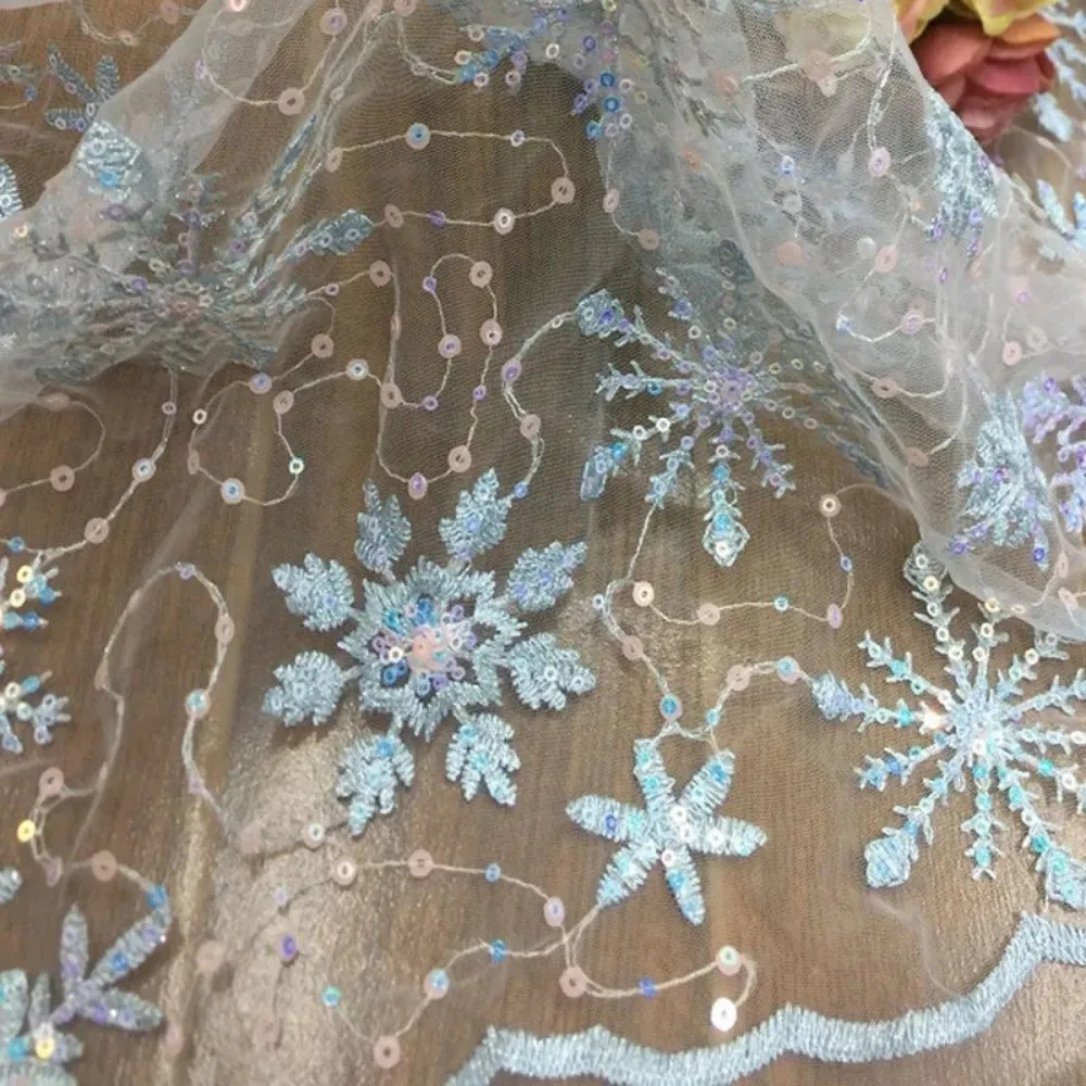 New 1 Yard Tulle Fabric Embroidered Sequin Mesh Lace Fabric Snowflake Clothing Material For Sewing Skirt Dress