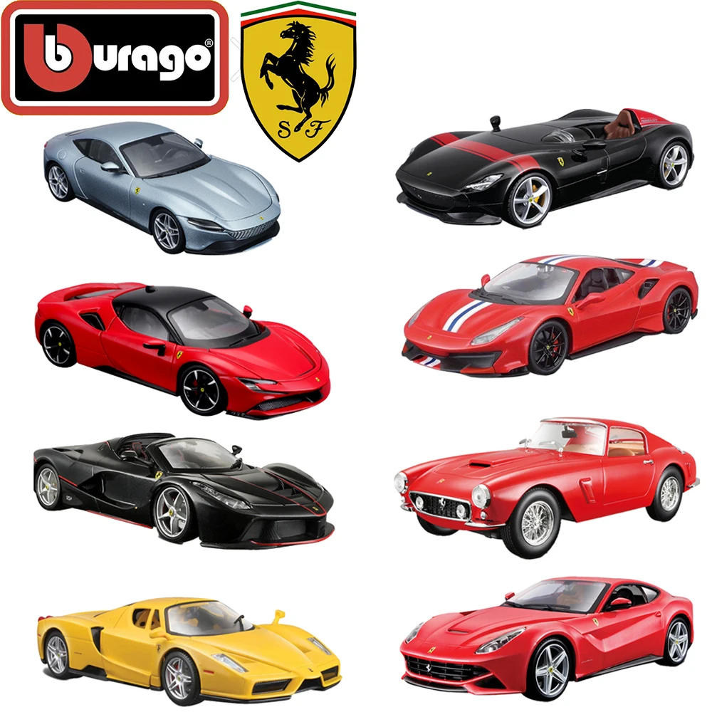 Stocked Burago Original Car Model 1:24 Ferrari Sf90 Roma Monza Sp1 250 Gt 488 Pista Action Model Toys Car Figures Gifts for Kids