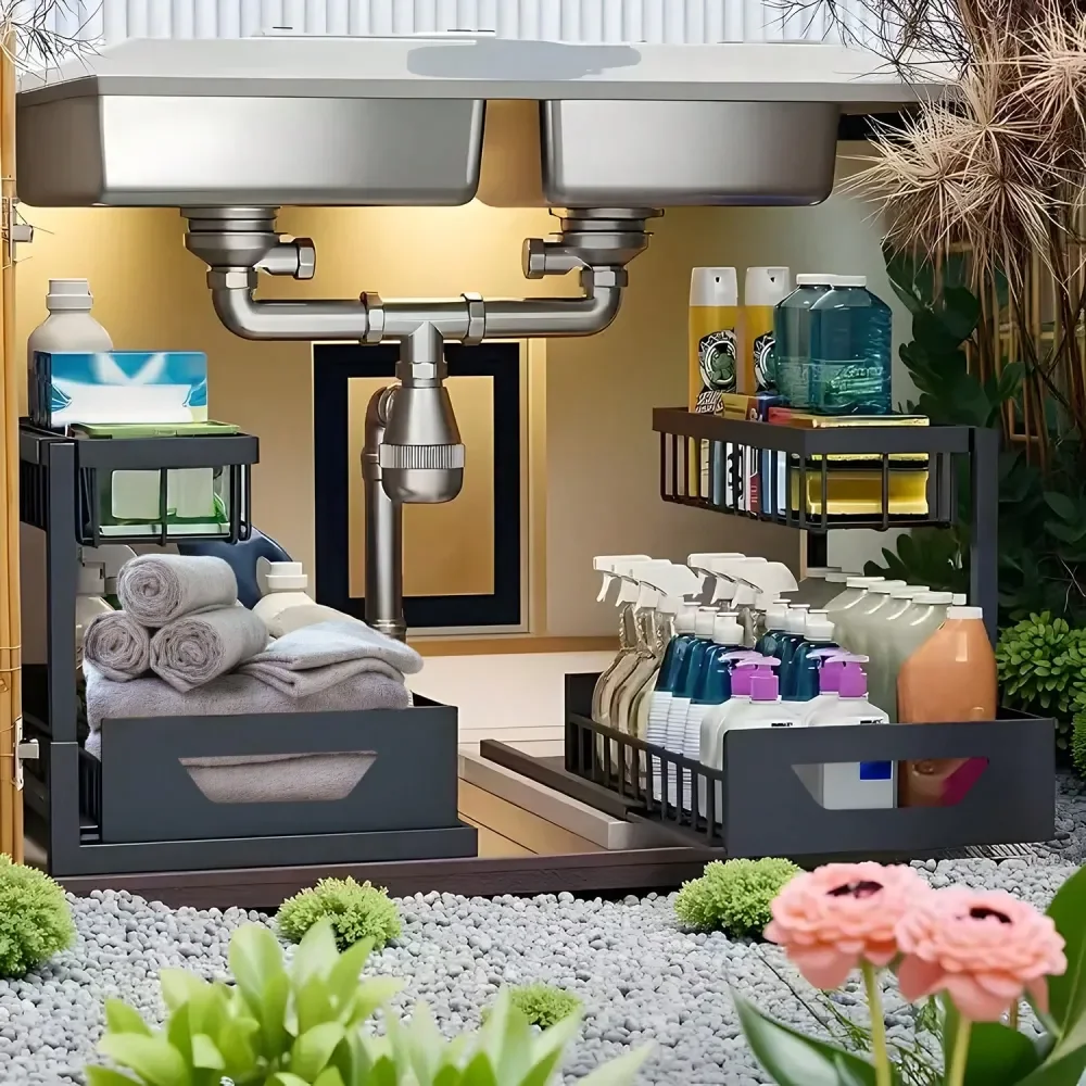 

Двухуровневые органайзеры и системы хранения под раковину, выдвижная полка-органайзер для шкафа под раковину, металлический выдвижной ящик