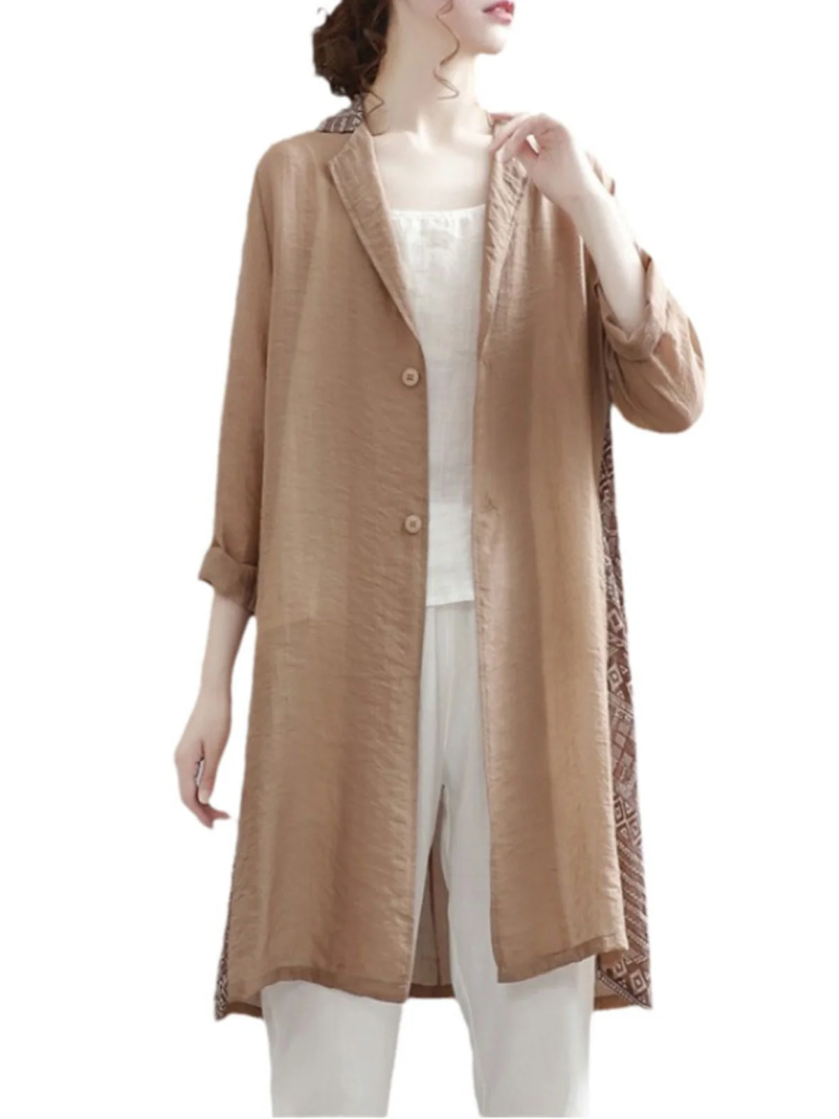 레트로 린넨 여성용 루즈핏 가벼운 롱 코트 중간 길이 자외선 차단 단색 출퇴근용 단추 디테일