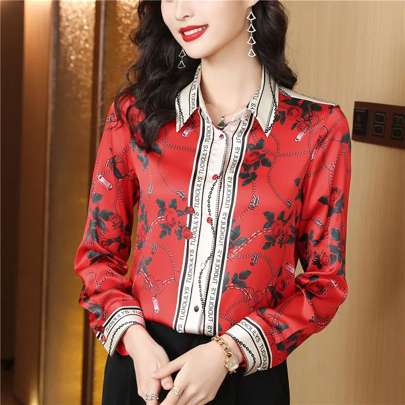 Women Chic Red Printed French Vintage Loose Shirts Lady Elegant Dignified Fashion Long Sleeve Blouse Spring Striped Flower Tops