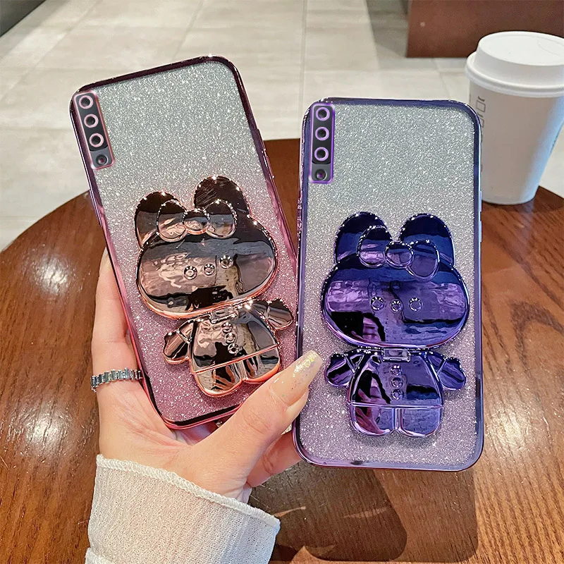 A7 Case For Samsung Galaxy A7 2018 A750 A750F Luxury Gradient Glitter Makeup Mirror Rabbit Folding Stand Back Cover Samsung A7