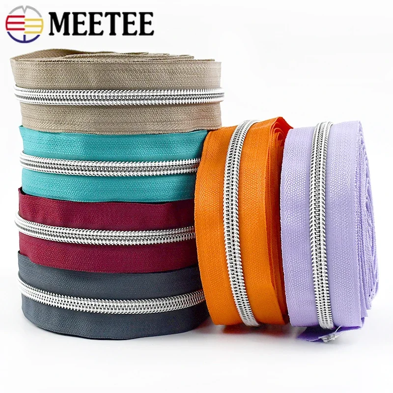 

2/5/8/10M Meetee 5# Nylon Zipper Clothes Zippers Coil Silver Teeth Zips To The Meter for Sewing Bag Easy Repair Zip Accessory