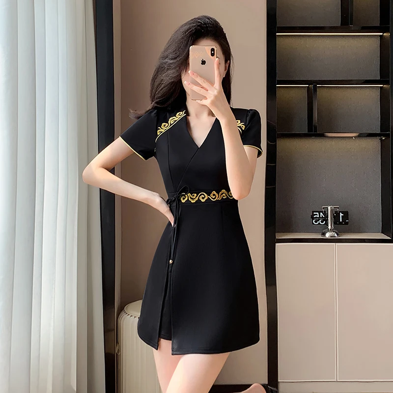 

Women Chinese Style Retro Improved Temperament Black V Neck Modern Dress National Style Chinese Dresses for Women+Black Shorts