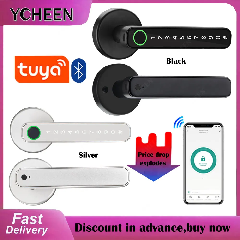 Tuya Digital Fingerprint Door Lock Electronic Lock with 60/70mm Latch Keys Smartlife/Tuya APP Remote Unlock