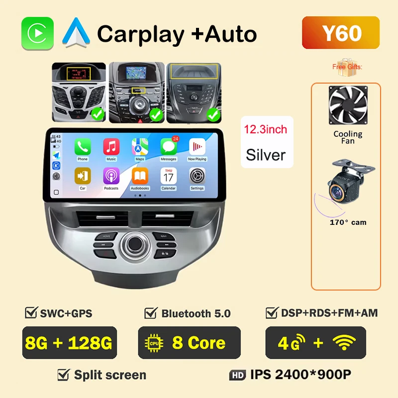 12.3 inch Autoradio Voor Ford Fiesta MK6 MK7 2009-2016 LHD RHD Android Multimedia Video Player GPS draadloze Carplay QLED Scherm