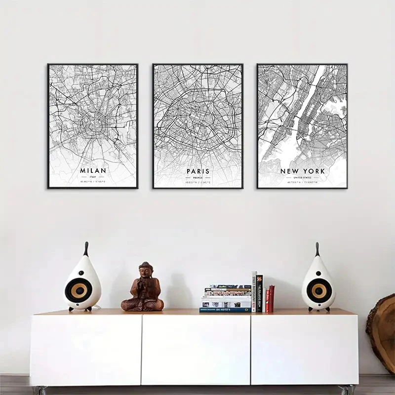 ملصق فني مطبوع بالأبيض والأسود لخريطة المدينة ، باريس ، نيويورك ، لوحة قماشية ، صورة جدارية ، غرفة المعيشة ، ديكور المنزل