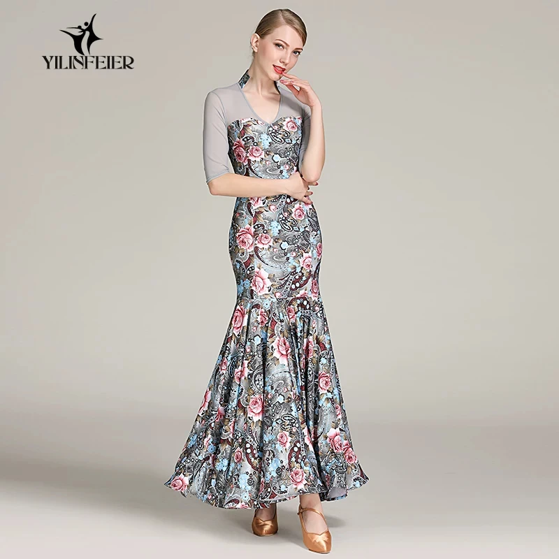 Ballroom dance competition dress mid sleeve V neck floral paisley print fitted mermaid skirt for standard dance stage performanc