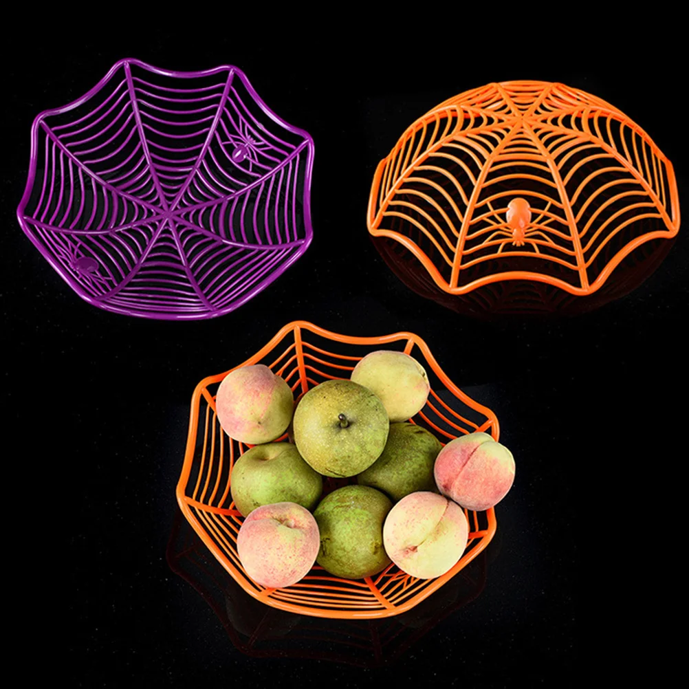 

3Pcs Plastic Spiderweb Bowl Creepy Crawly Fruits Candy Basket Halloween Party Decor Orange Black Purple Fruits Candy Basket