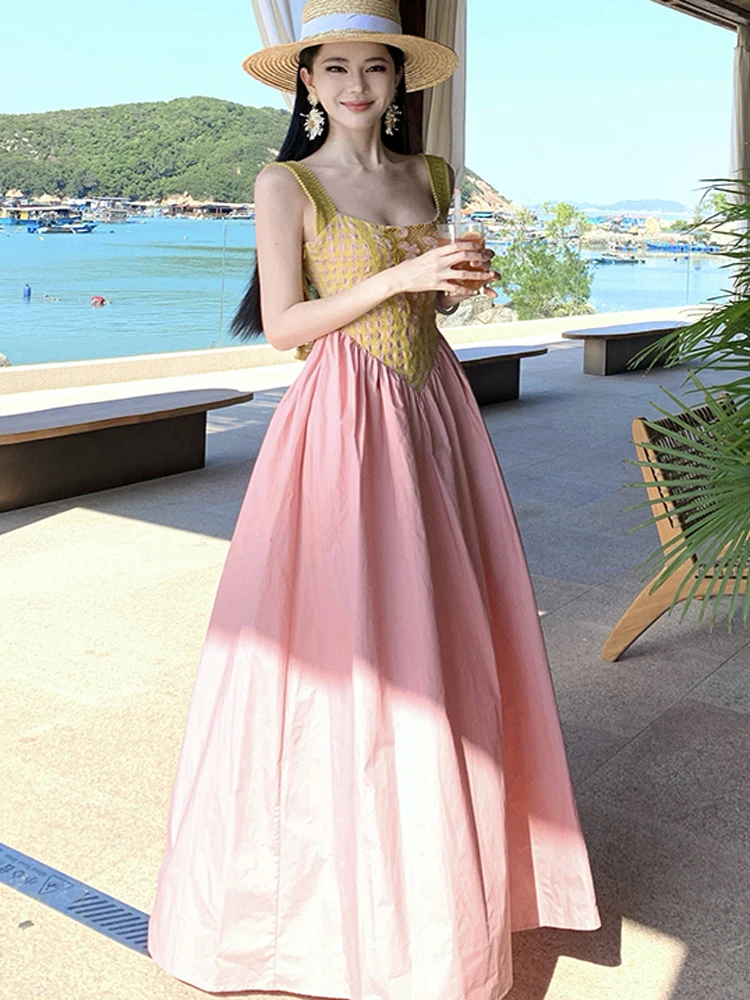 Robe de soirée trapèze rose pour femmes, élégante, couleur contrastée, couture, style Boho, Sexy, écharpe, plage, vacances