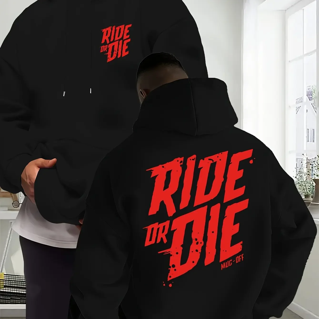 Streetwear Ride Or Die Hoodie Distressed Red Letter Print Pullover Unisex Oversized Fleece Hoodie Fall Winter