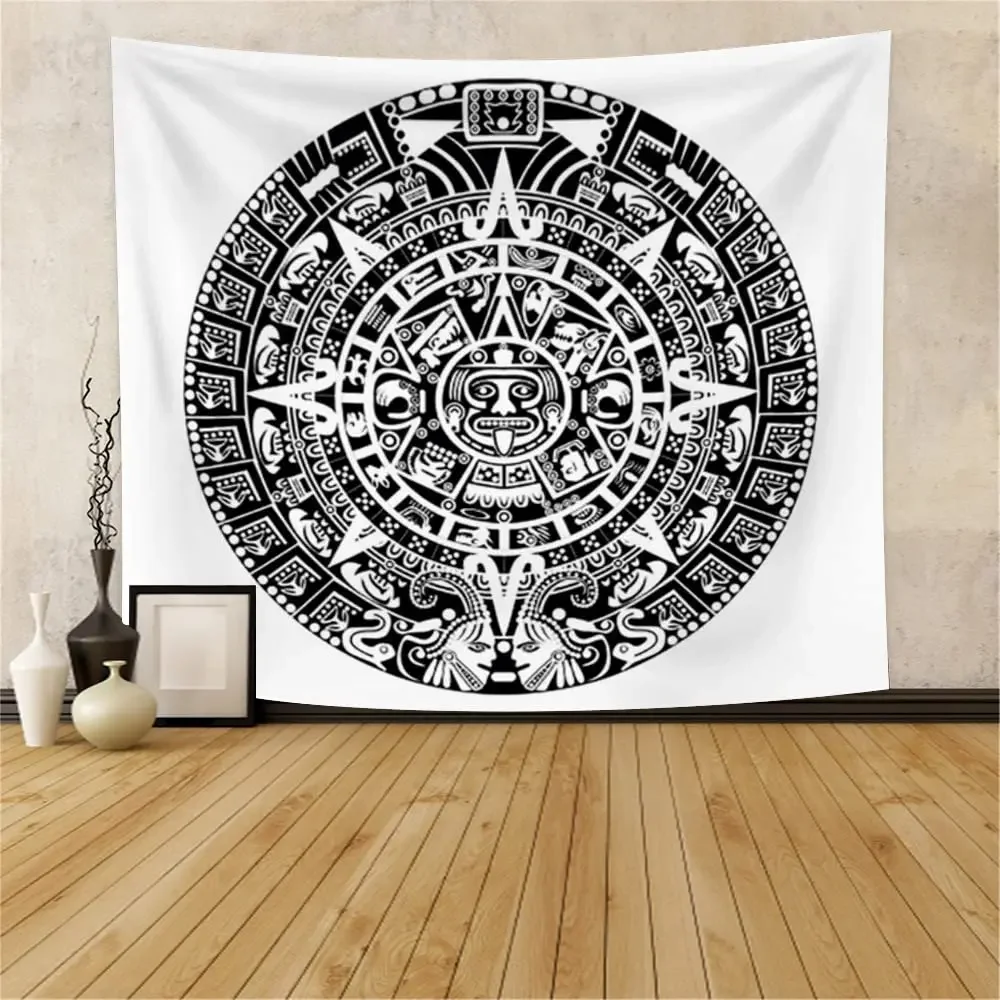 Kalendarz Azteków Gobelin Czarno-Biały Vintage Znak Majów Starożytne Słowa Wiszące Na Ścianę Do Sypialni Salon Dorm Home Decor — zdjęcie 3