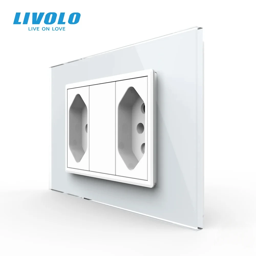 Livolo  Switzerland/Italian Standard 2gangs 3 Pins 13A Socket, Toughened Crystal Glass Panel Swiss Plug,  C9C2CBR1-11/12