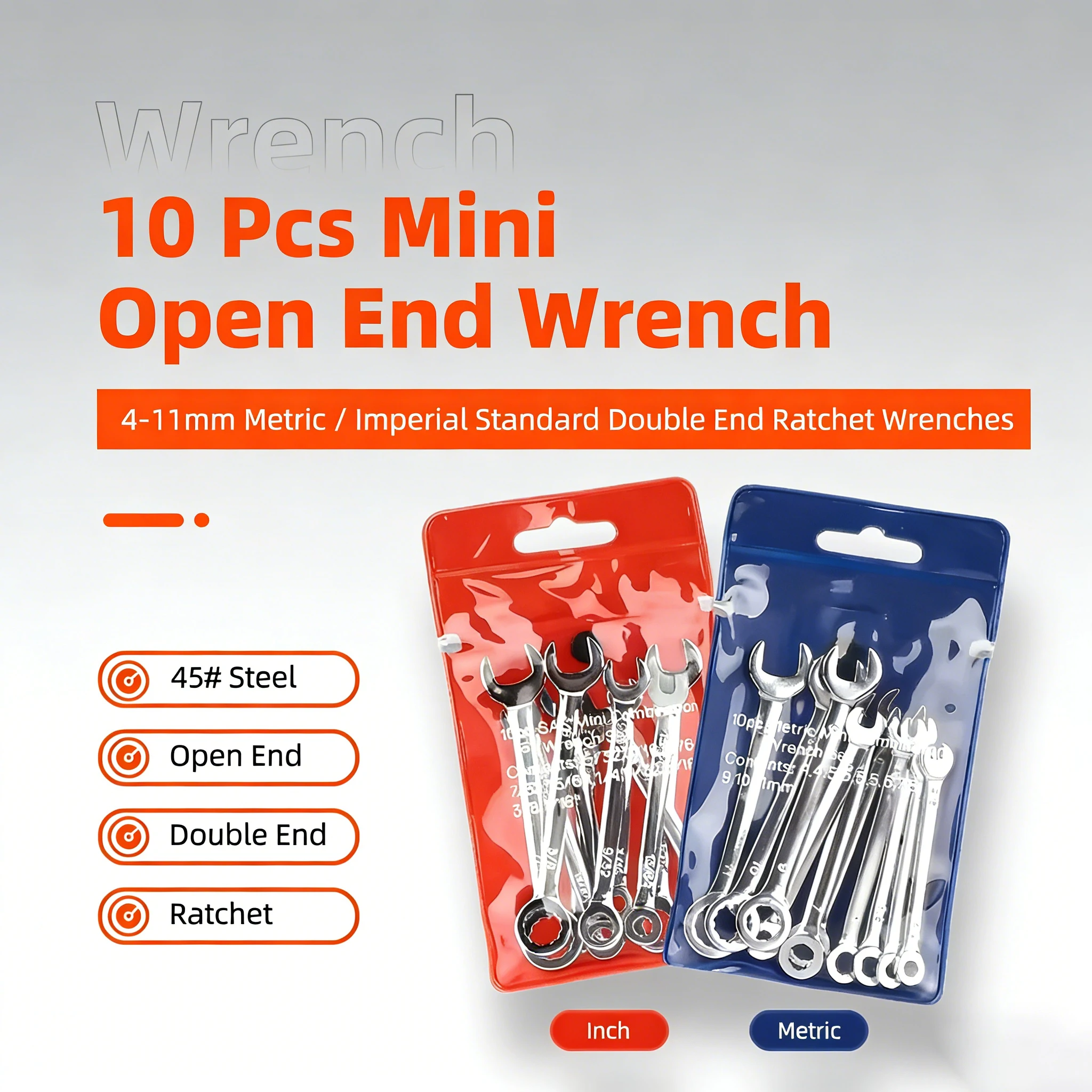 10 Peças 45 #   Conjunto de Chaves de Catraca Mini em Aço 4-11mm Métricas e Imperiais, Ferramentas Manuais Combinadas de Boca Aberta e Ponta Dupla
