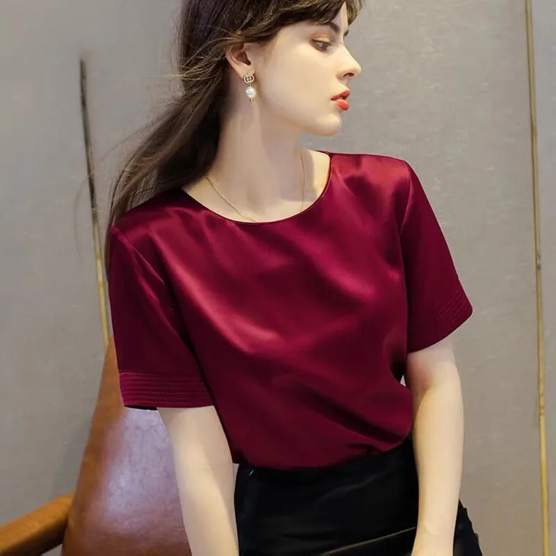 2024 Summer Korean claret Tops Spring Acetate Satin Tees Women High Quality Ladies casual elegant silk satin blouse 10 colors
