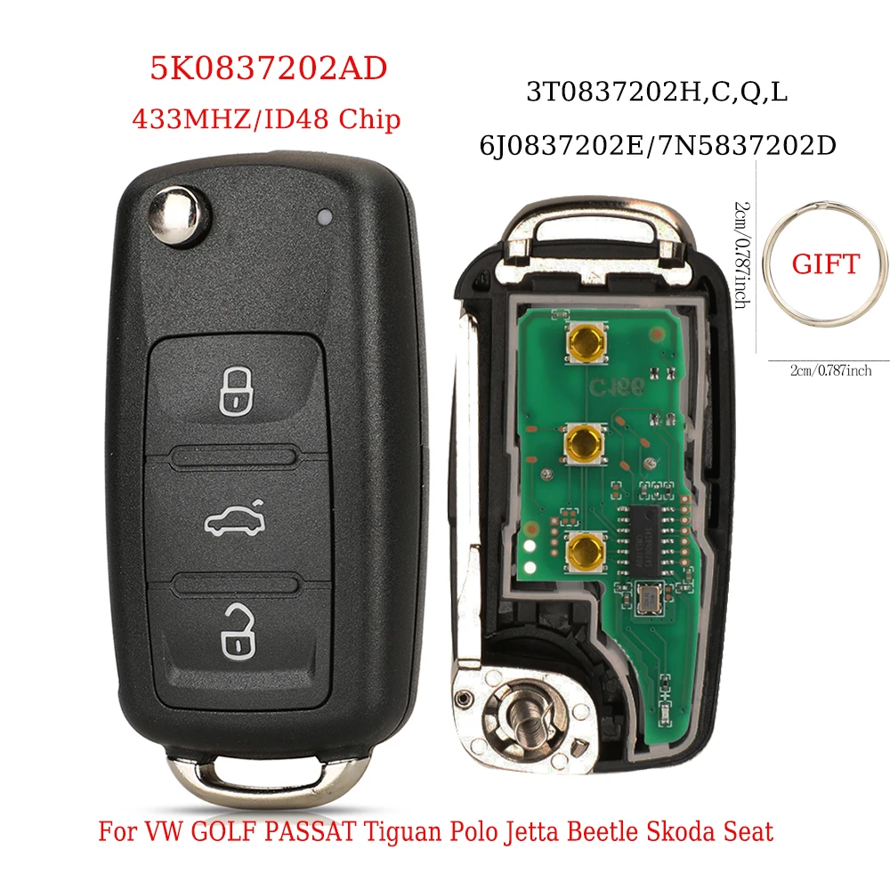 jingyuqin Fernbedienung Klappschlüssel 434 MHz ID48Chip für VW Volkswagen GOLF PASSAT Tiguan Polo Jetta Beetle Skoda Seat Auto 5K0837202AD